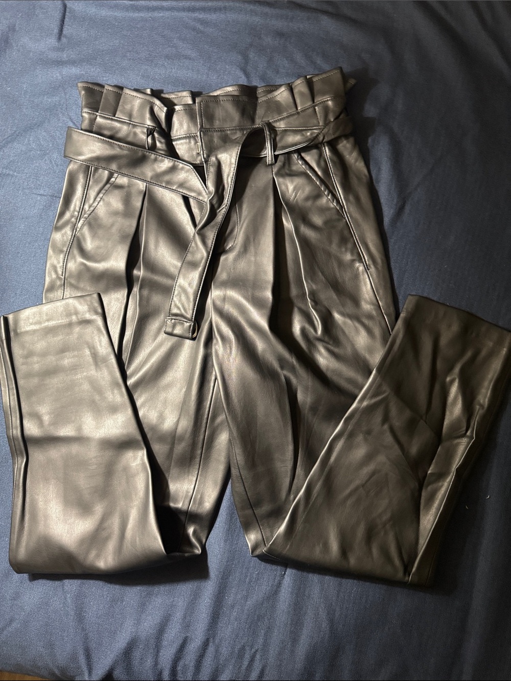 High-Waist Faux Leather Paperbag Pants- Black